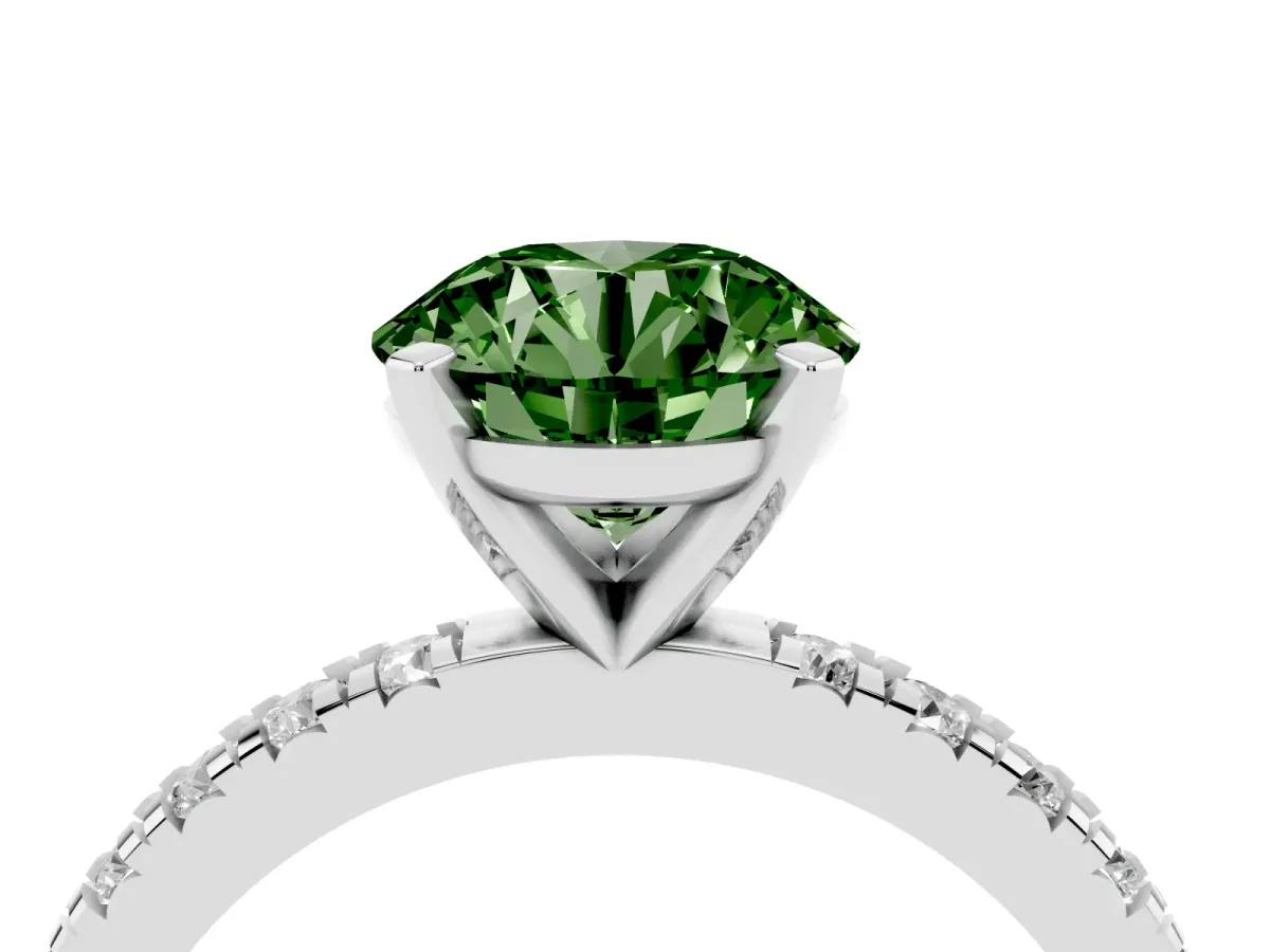 Fancy Green Round Cut Diamond Pavé Band Solitaire with Four-Prong Setting Silver