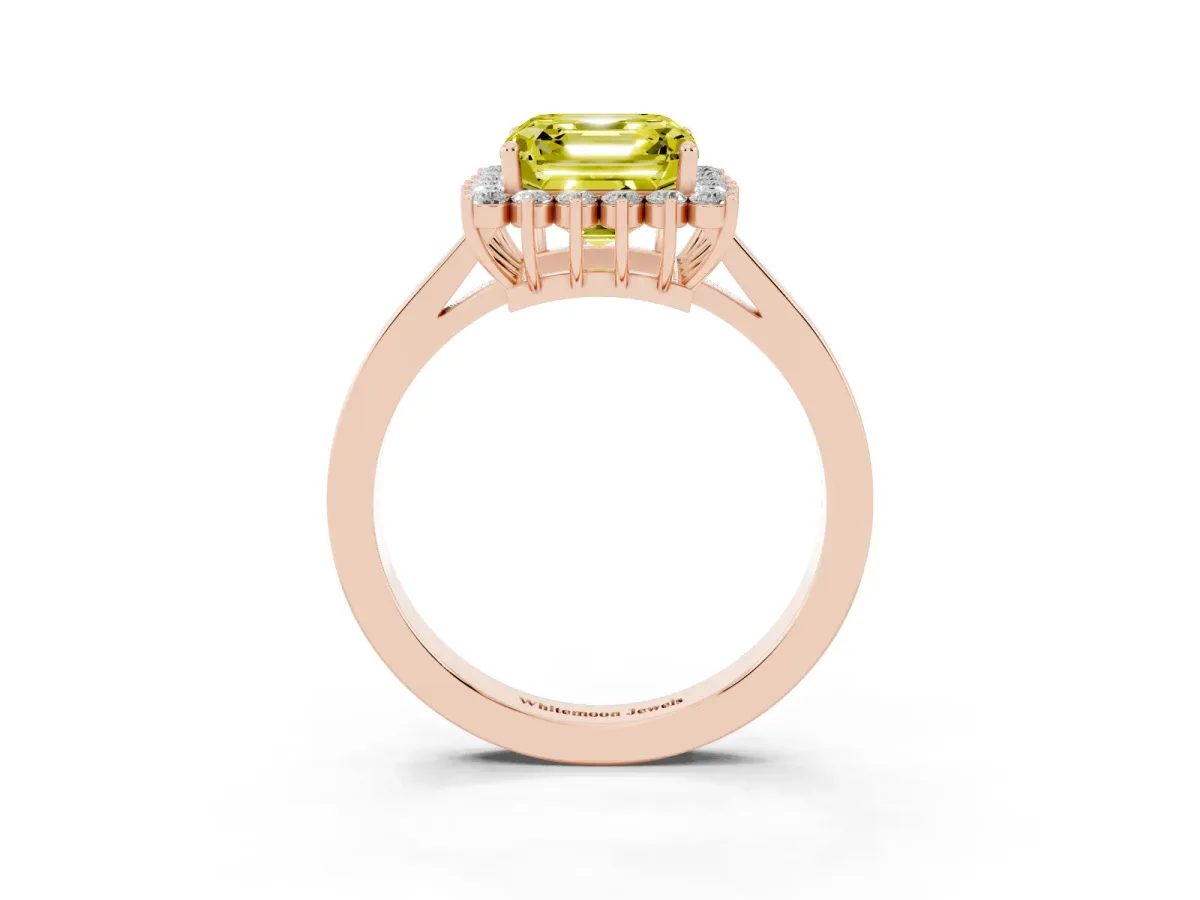 Fancy Yellow Asscher Cut Cut Diamond Halo Ring with Round Brilliant Halo and Solitaire Band Rose gold