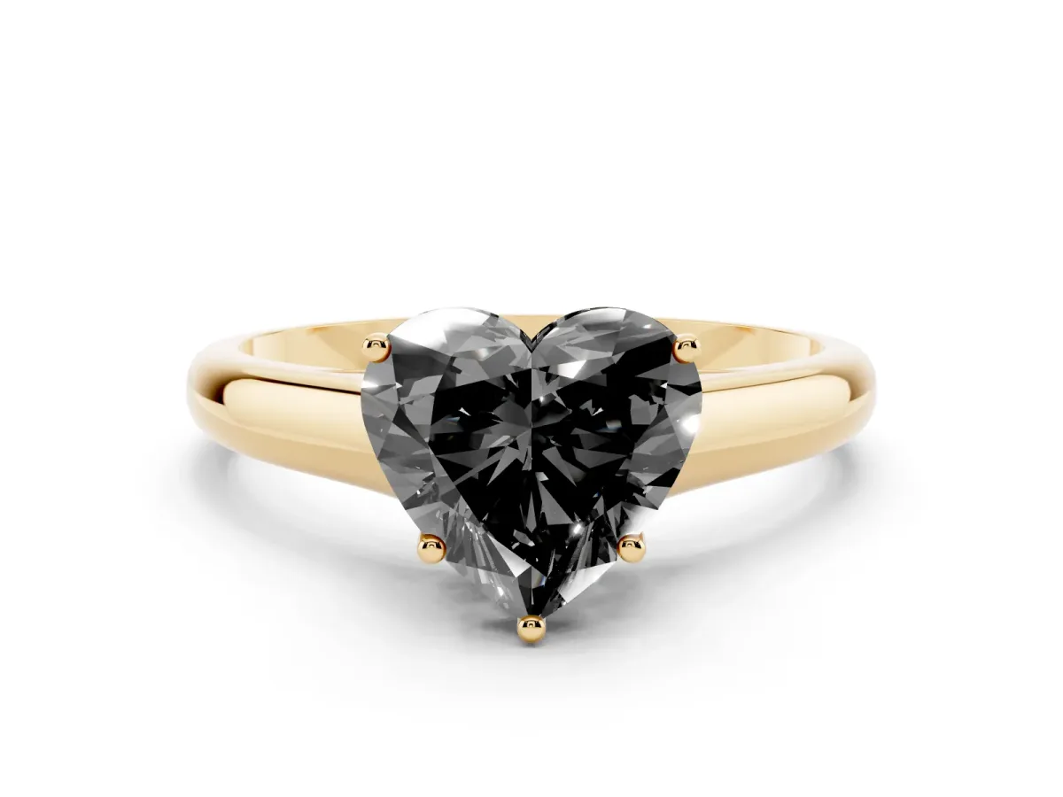 Fancy Black Heart Cut Cut Diamond Solitaire Engagement Ring with Tapered Plain Band and Four-Prong Setting Yellow gold