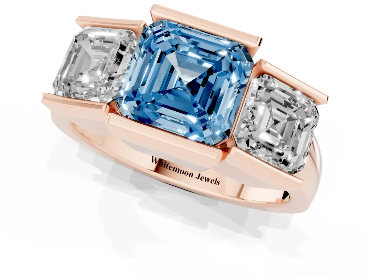Fancy Blue Three Stone Asscher Cut Cut Channel Set Diamond Ring Rose gold