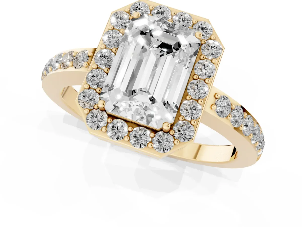 Emerald Cut Halo Diamond Pavé Band Ring with Prong Setting Yellow gold