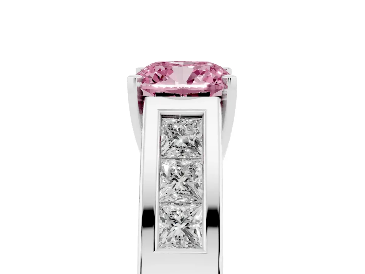 Fancy Pink Cushion Cut Cut Channel Set Solitaire Ring with Four-Prong Setting Silver