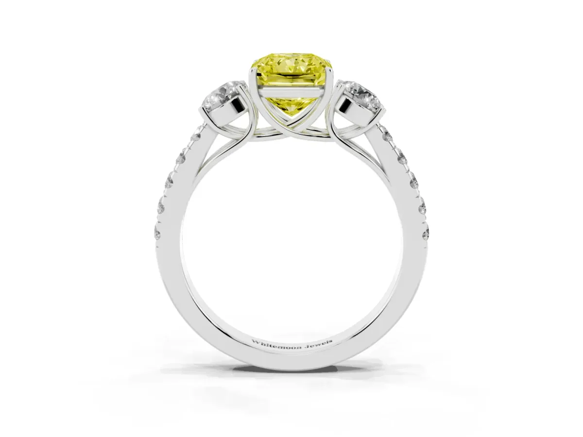 Fancy Yellow Radiant Cut Cut Diamond Three-Stone Ring with Round Side Stones and Pavé Band Silver