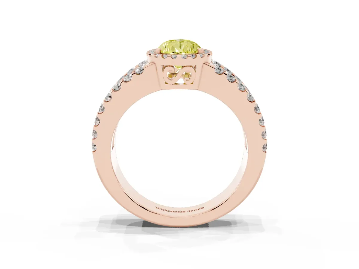 Fancy Yellow Pear Cut Cut Halo Split Shank Diamond Ring with Four-Prong Setting Rose gold