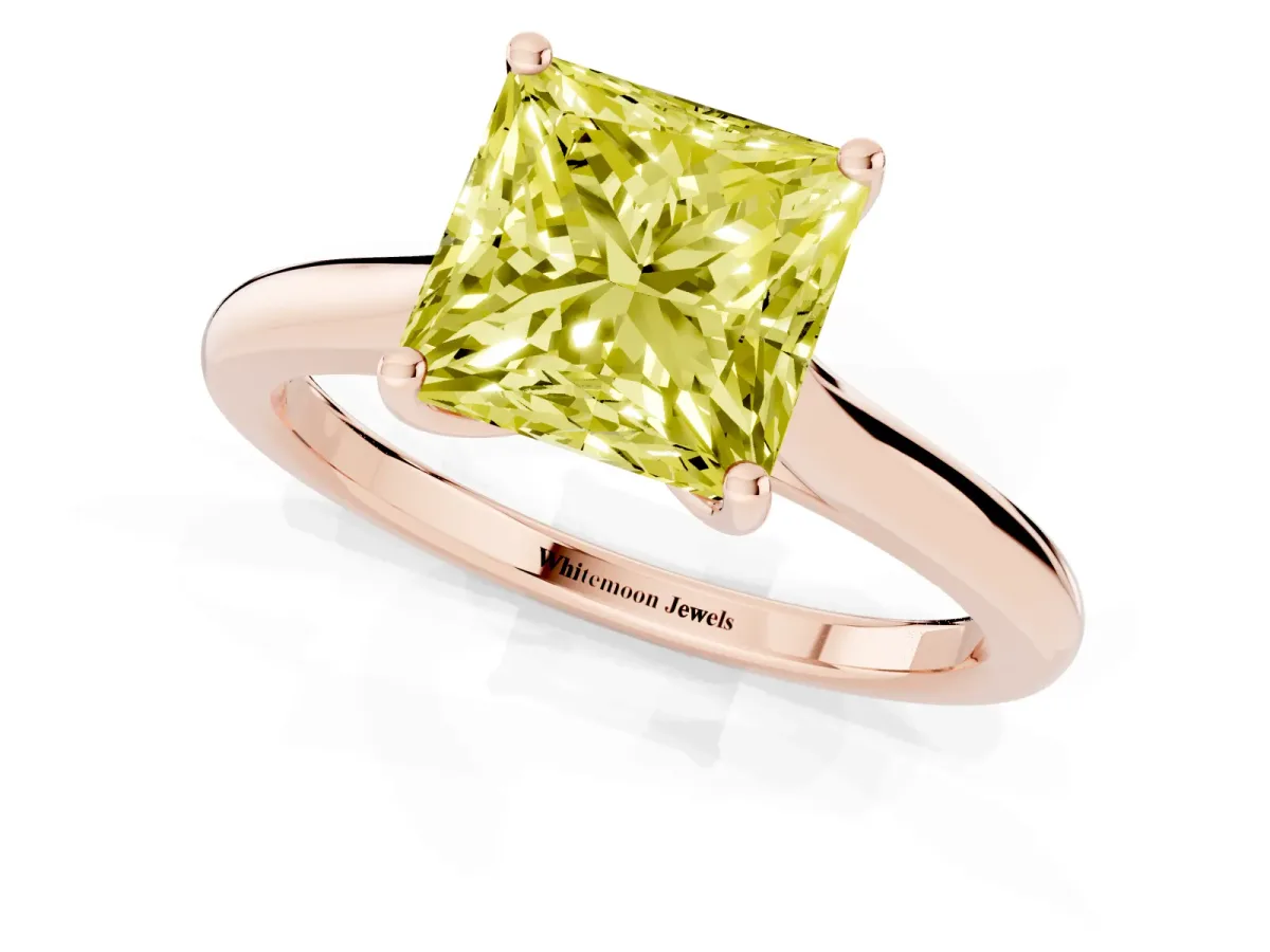 Fancy Yellow Princess Cut Cut Solitaire Ring with Cathedral Band and Four-Prong Setting Rose gold