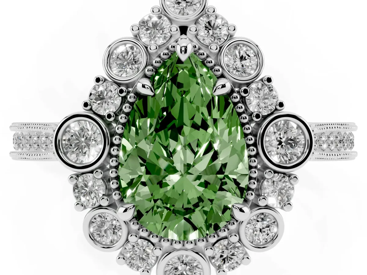 Fancy Green Pear Cut Halo Milgrain Pave Diamond Ring with Four-Prong Setting Silver