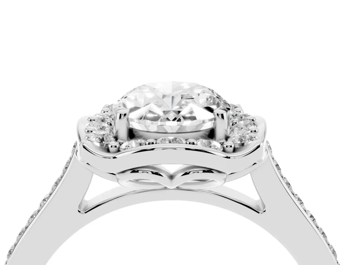 Oval Cut Halo Round Diamond Pave Band with Four-Prong Setting Silver