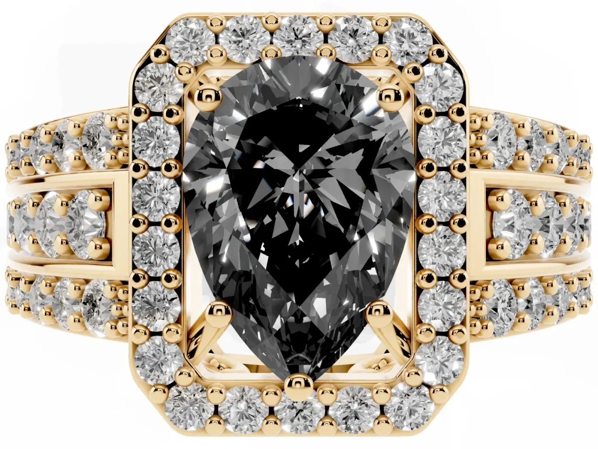 Fancy Black Pear Cut Halo Diamond Ring with Round Split Shank and Prong Setting Yellow gold