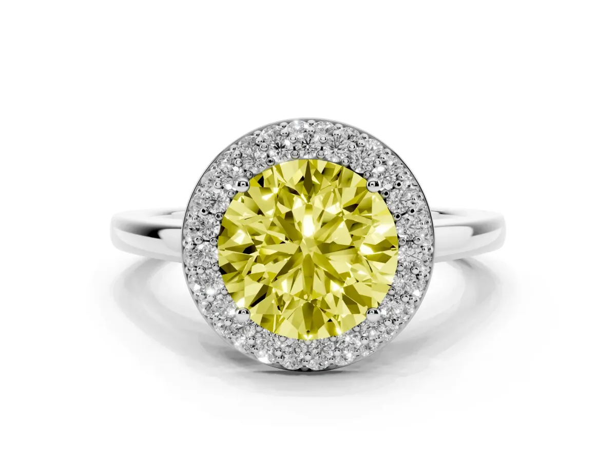 Fancy Yellow Round Cut Halo Diamond Engagement Ring with Solitaire Band and Four-Prong Setting Platinum