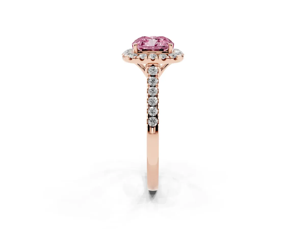 Fancy Pink Cushion Cut Halo Pavé Diamond Engagement Ring with Four-Prong Setting Rose gold