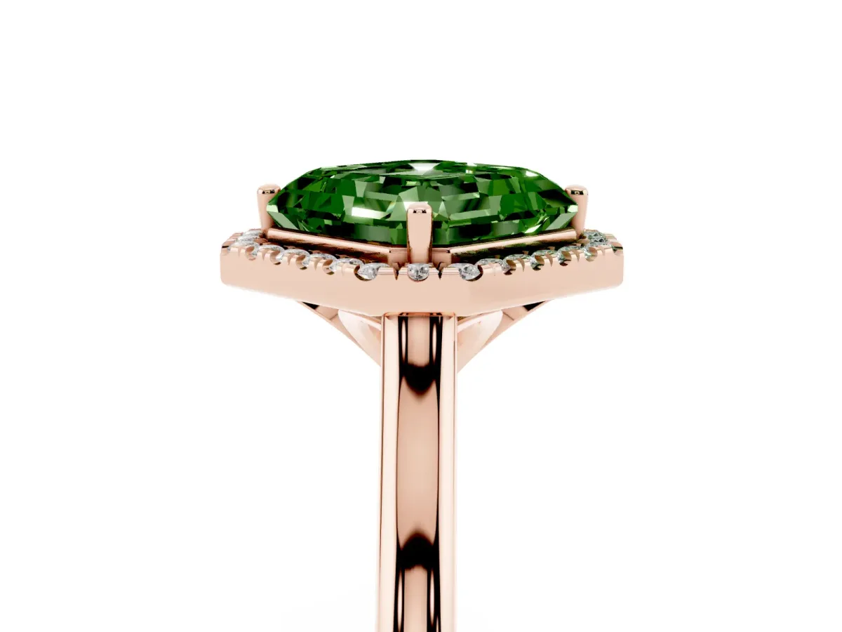 Fancy Green Asscher Cut Halo Round Diamond Solitaire Engagement Ring with Pave Band and Four-Prong Setting Rose gold