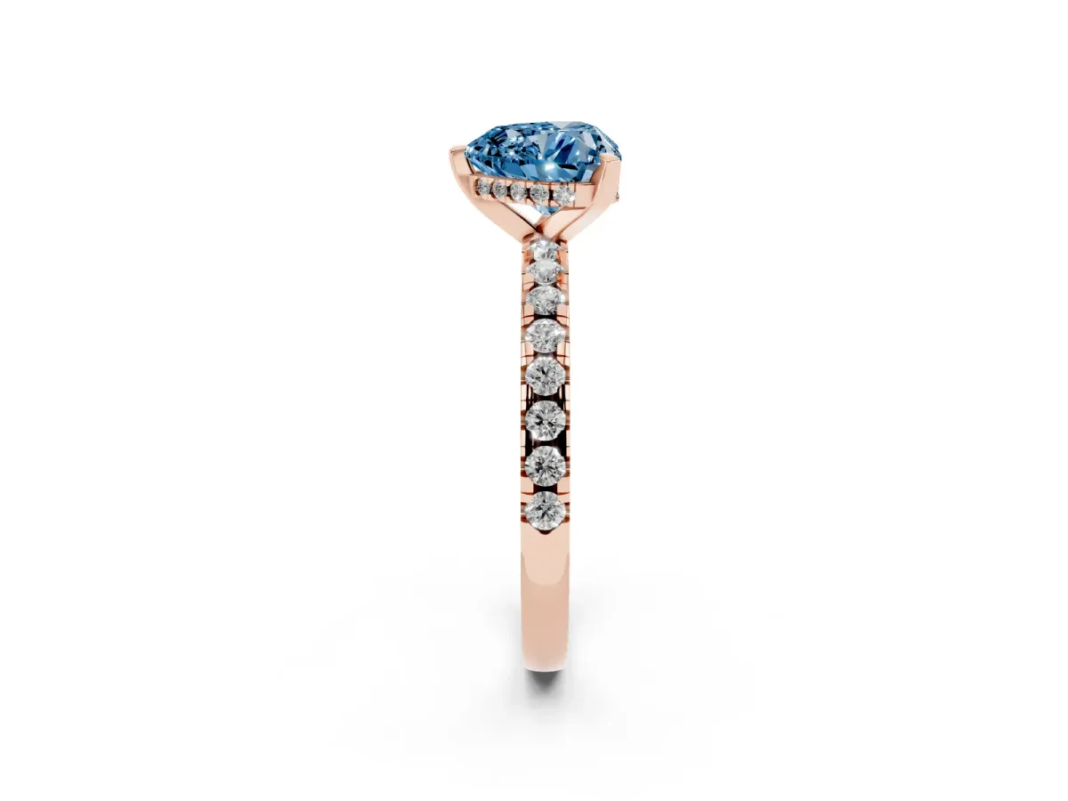 Fancy Blue Heart Cut Diamond Solitaire Ring with Round Pavé Band and Four-Prong Setting Rose gold