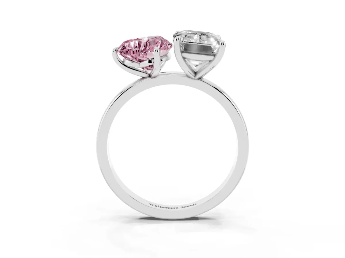 Fancy Pink Heart Cut and Emerald Cut Toi Moi Ring with Prong Setting Silver