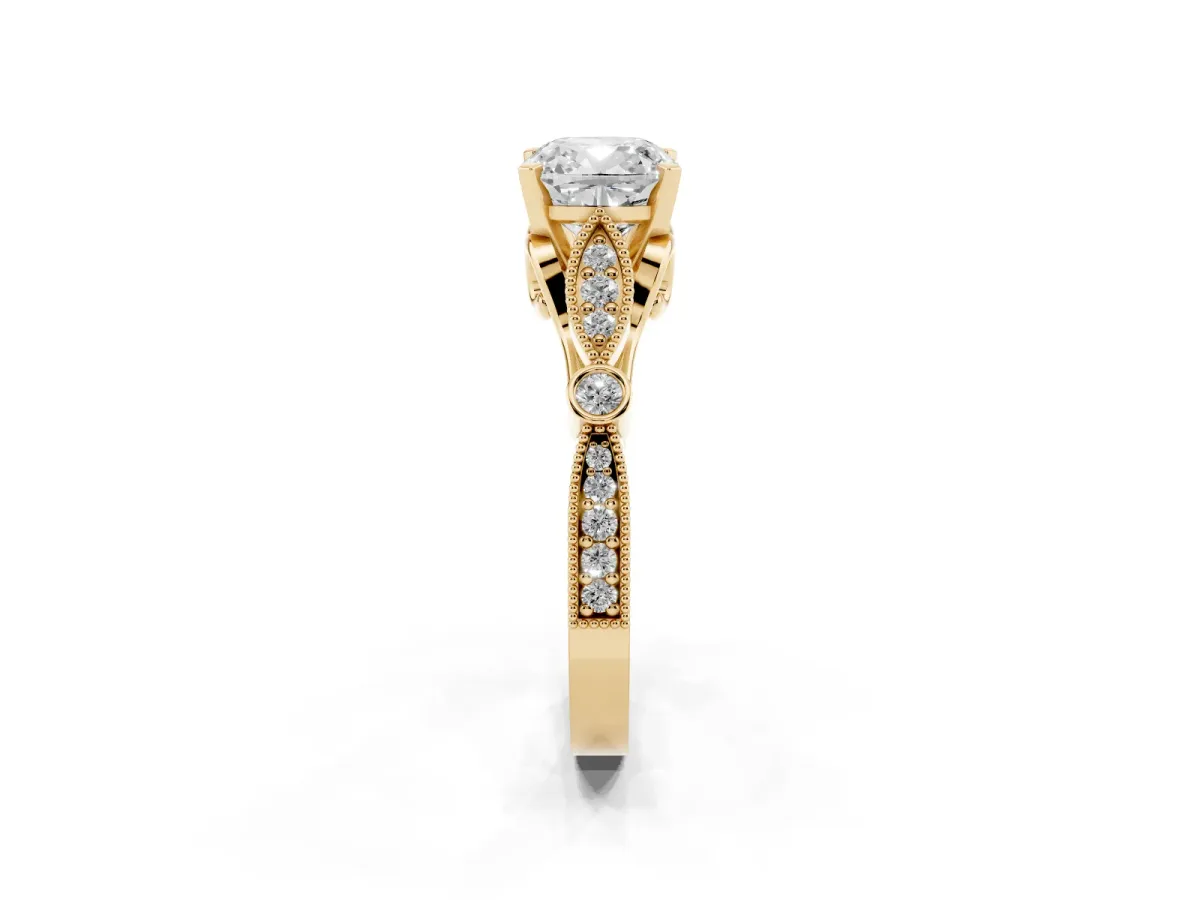 Cushion Cut Cut Diamond with Milgrain Marquise and Bezel Accents on a Solitaire Band with Prong Setting Yellow gold