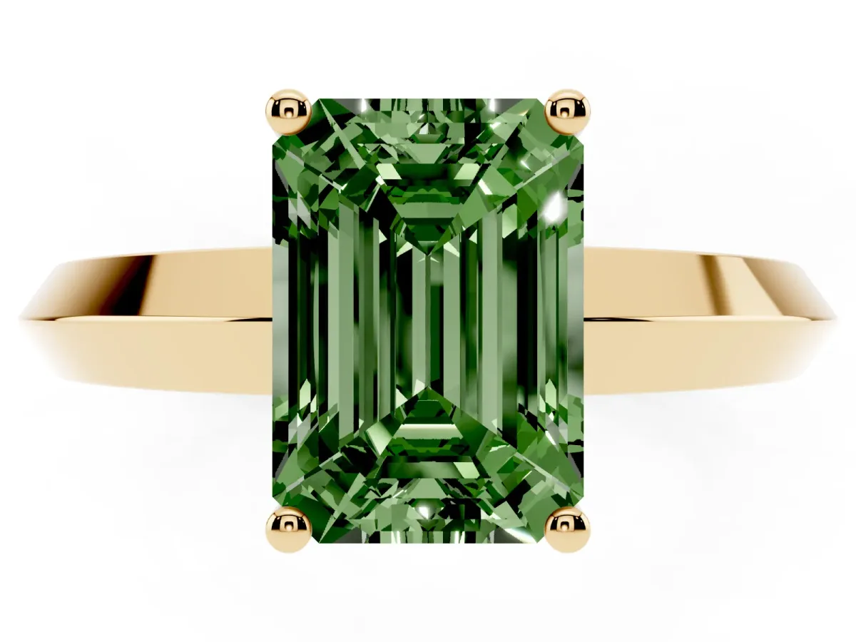 Fancy Green Emerald Cut Cut Solitaire Engagement Ring with Flat Band and Four-Prong Setting Yellow gold