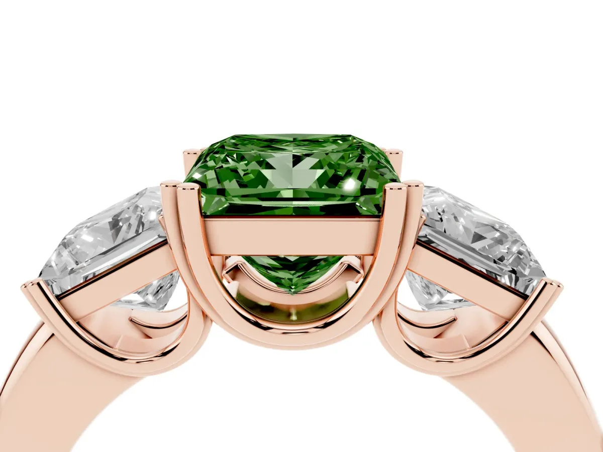 Fancy Green Three-Stone Princess Cut Cut Diamond Ring with Channel Set Band and Four-Prong Setting Rose gold
