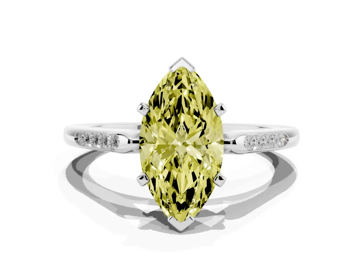 Fancy Yellow Marquise Cut Diamond Solitaire Ring with Channel Set Round Band and Prong Setting Silver