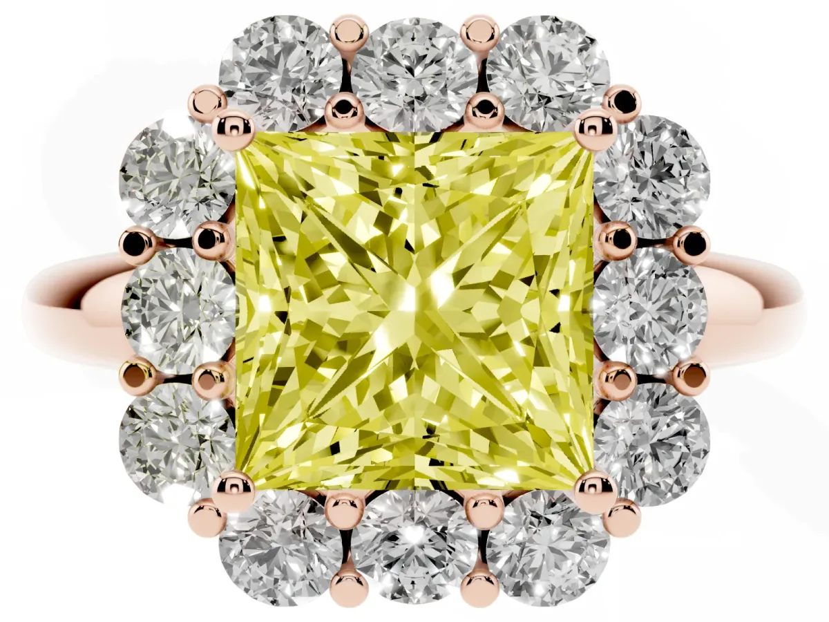 Fancy Yellow Princess Cut Halo Milgrain Solitaire with Bezel Set Side Stones and Pave Band Rose gold
