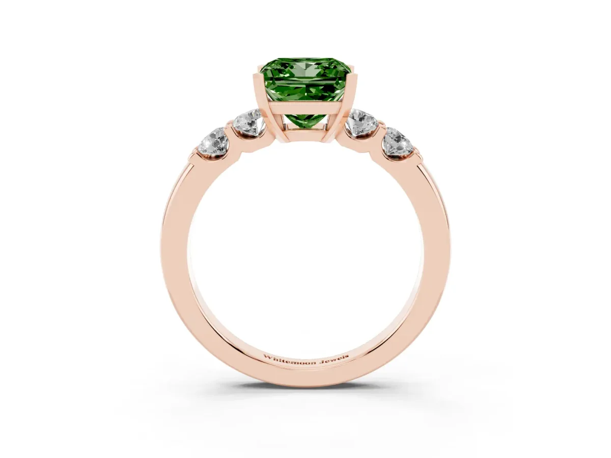 Fancy Green Princess Cut Brilliant Cut Diamond Five-Stone Prong Set Engagement Ring with Channel Band Rose gold