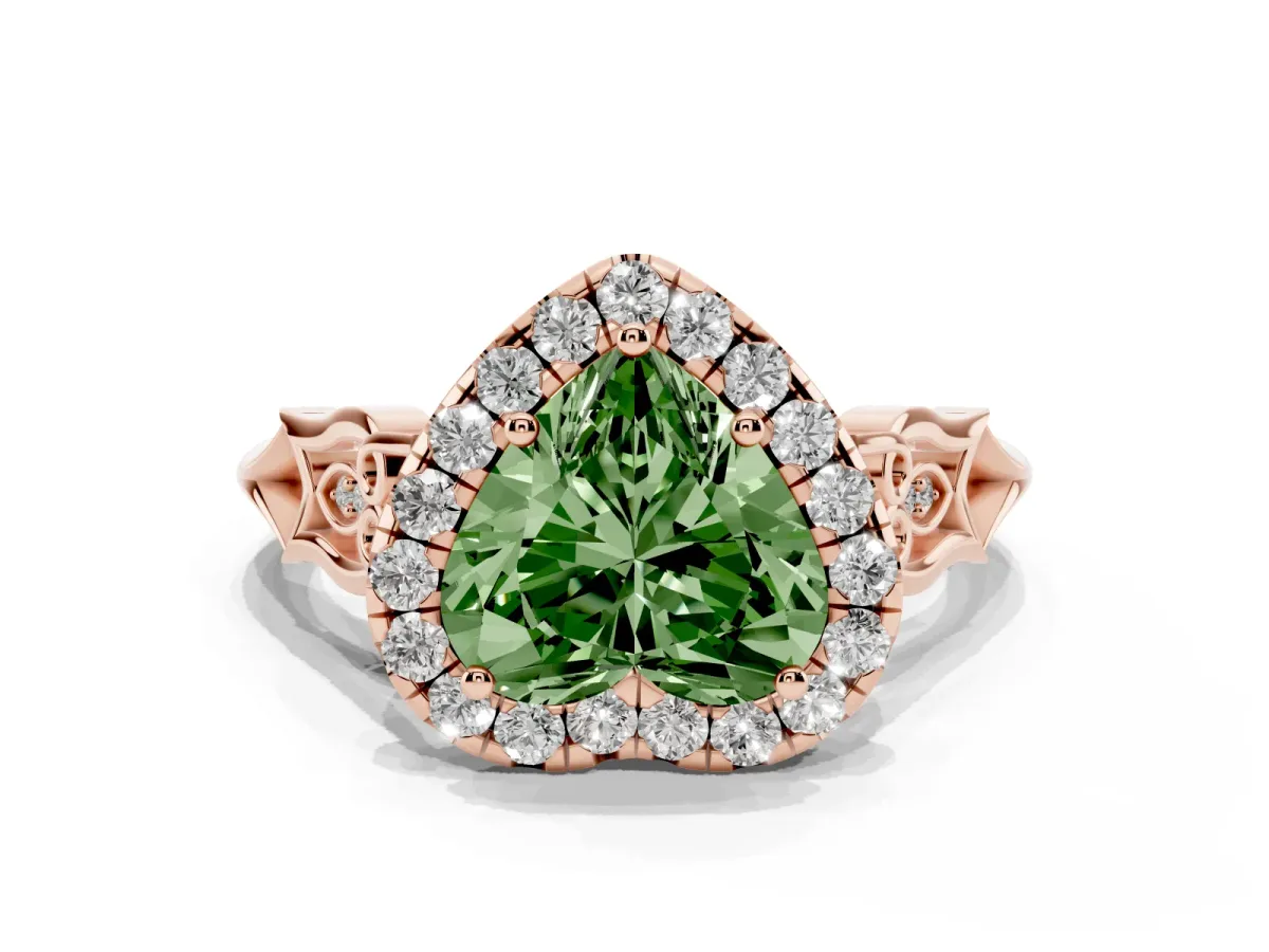 Fancy Green Heart Cut Halo Diamond Engagement Ring with Filigree Band and Four-Prong Setting Rose gold