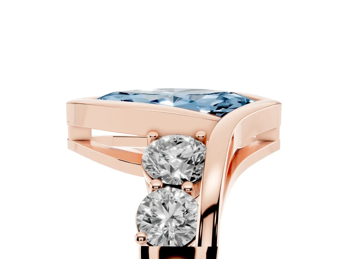 Fancy Blue Bezel Set Marquise Cut Diamond Bypass Ring with Round Accents Rose gold