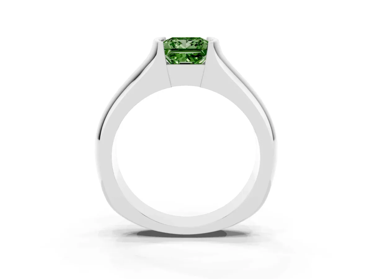 Fancy Green Princess Cut Solitaire Bezel Set Diamond Ring with Wide Band Silver