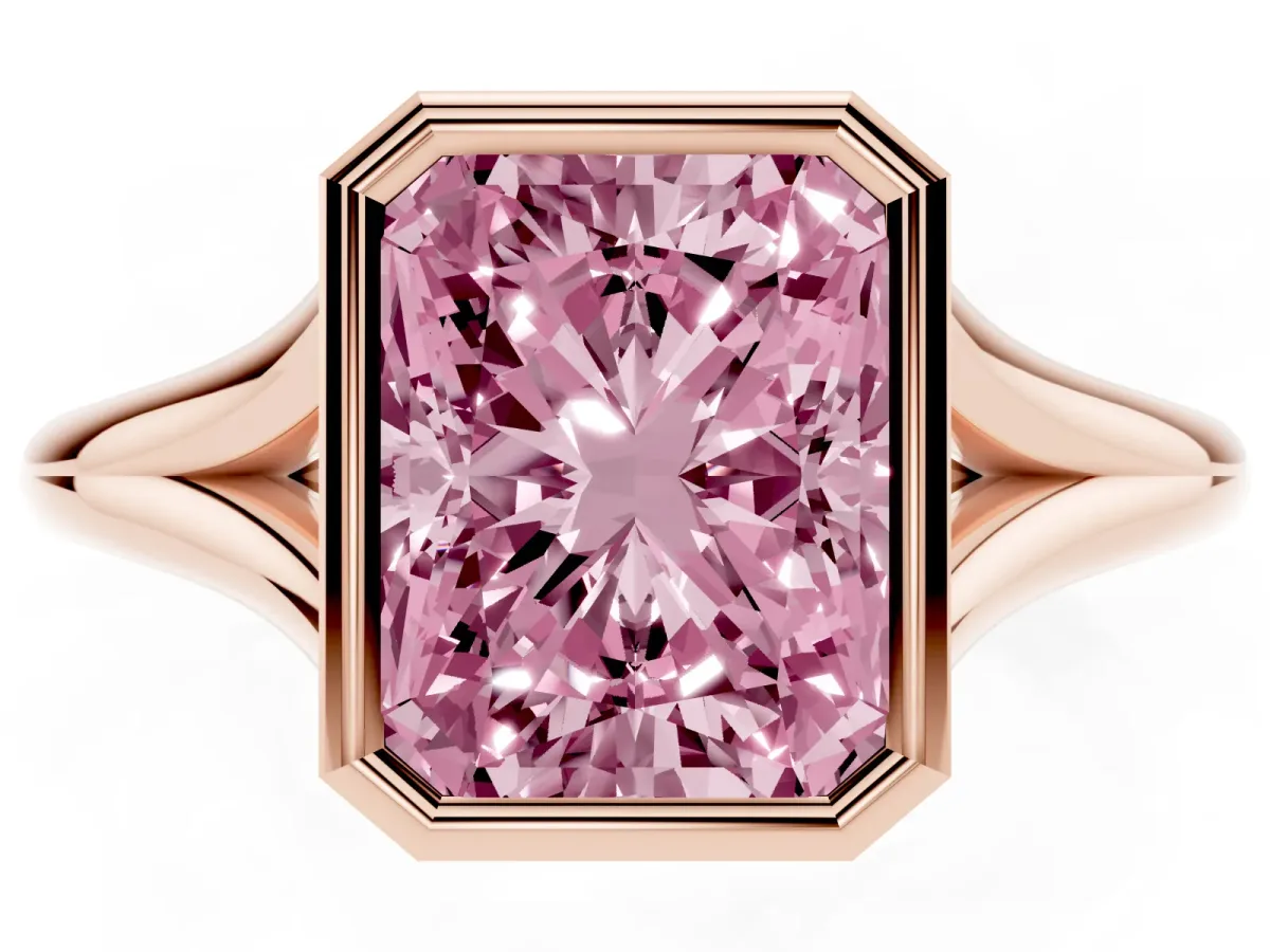 Fancy Pink Bezel Set Radiant Cut Cut Solitaire Ring with Tapered Band Rose gold