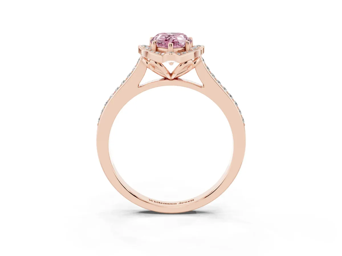 Fancy Pink Pear Cut Halo Round Diamond Pave Band with Four-Prong Setting Rose gold
