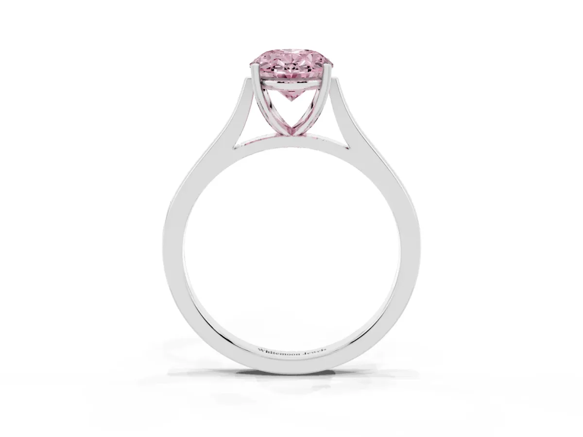 Fancy Pink Oval Cut Solitaire Heart Prong Engagement Ring with Tapered Band White gold