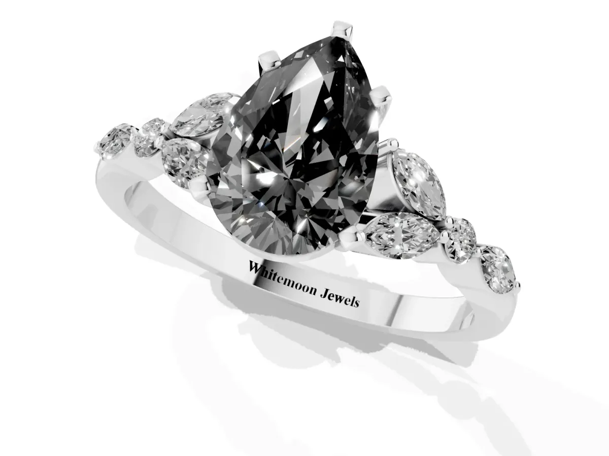 Fancy Black Pear Cut Diamond Solitaire Ring with Side Stones and Four-Prong Setting Platinum