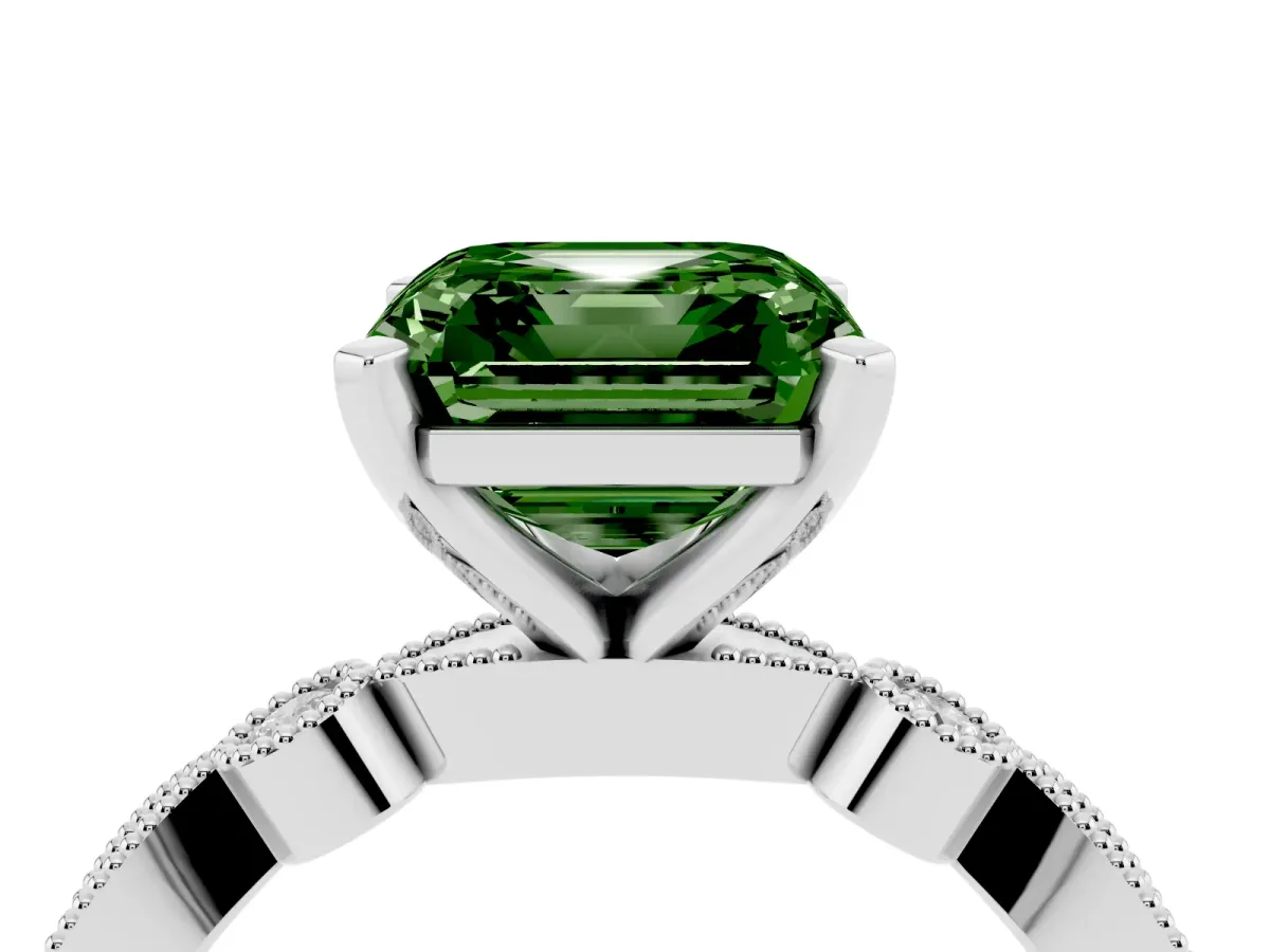 Fancy Green Asscher Cut Milgrain Bezel Diamond Engagement Ring with Solitaire Prong Setting Silver