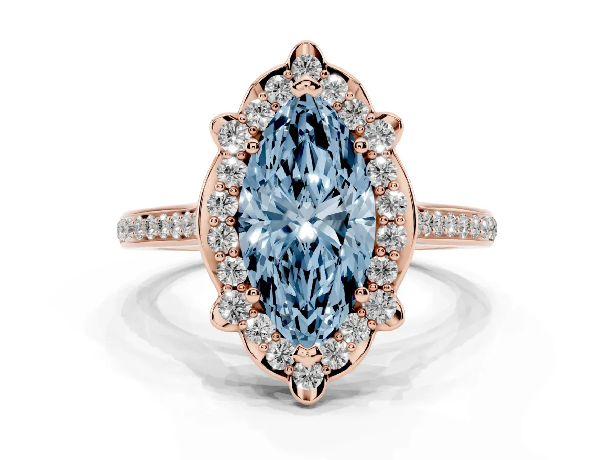 Fancy Blue Marquise Cut Halo Round Diamond Pave Band with Four-Prong Setting Rose gold