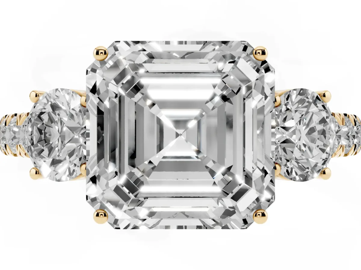 Asscher Cut Cut Diamond Three-Stone Ring with Round Side Stones and Pavé Band Yellow gold