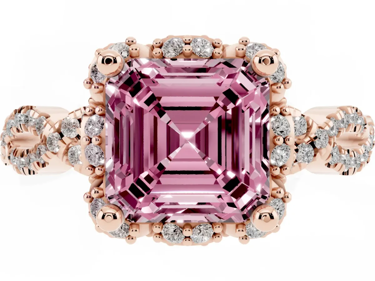 Fancy Pink Asscher Cut Halo Twist Band Solitaire Ring with Six-Prong Setting Rose gold
