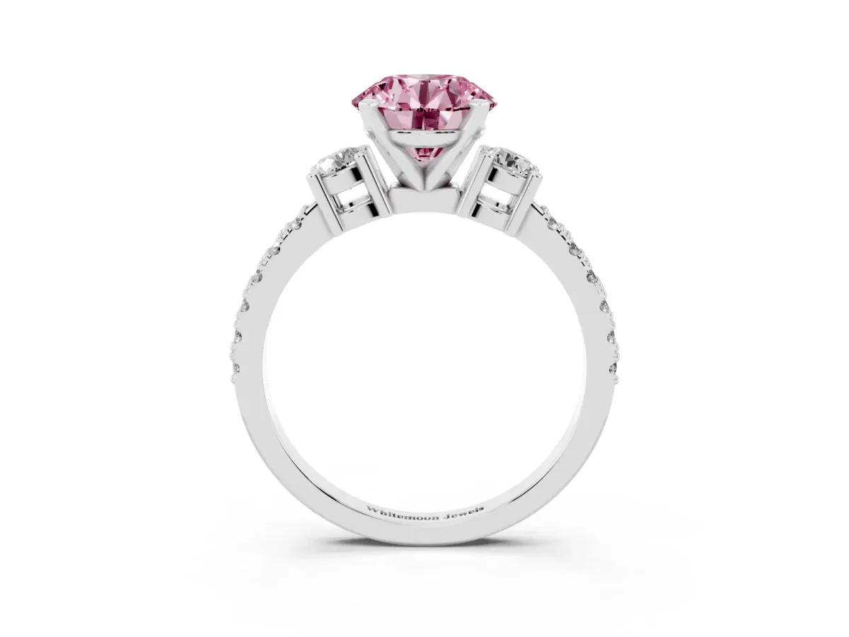 Fancy Pink Round Cut Three-Stone Diamond Pavé Band with Prong Setting Silver