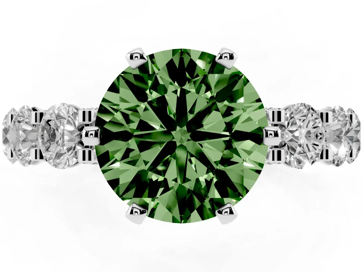 Fancy Green Round Cut Diamond Side Stone Engagement Ring with Four-Prong Setting Platinum