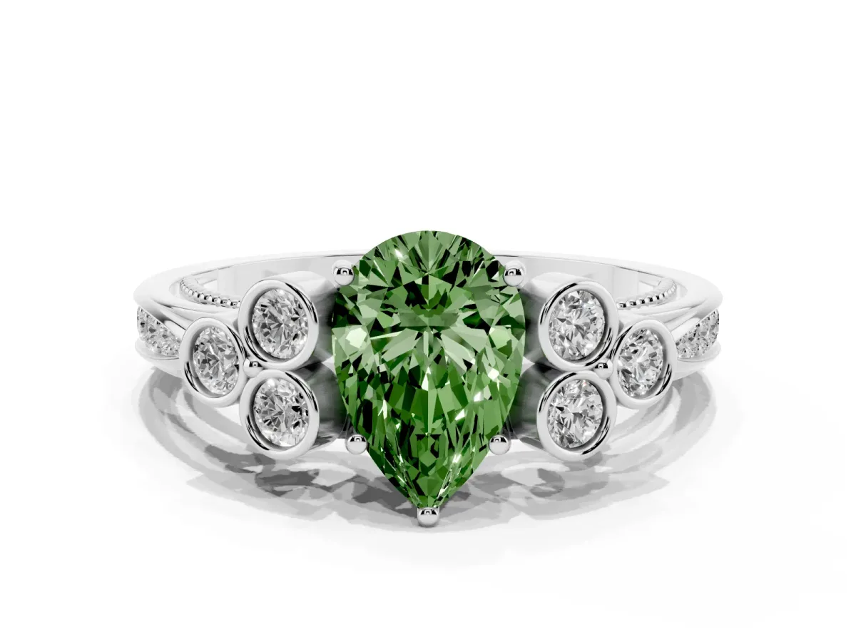 Fancy Green Pear Cut Cut Diamond Engagement Ring with Bezel Set Round Side Stones and Prong Setting Silver