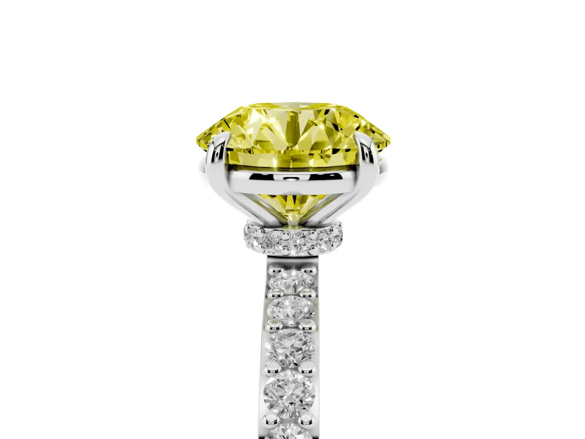 Fancy Yellow Round Cut Diamond Pavé Engagement Ring with Round Accents and Prong Setting Silver