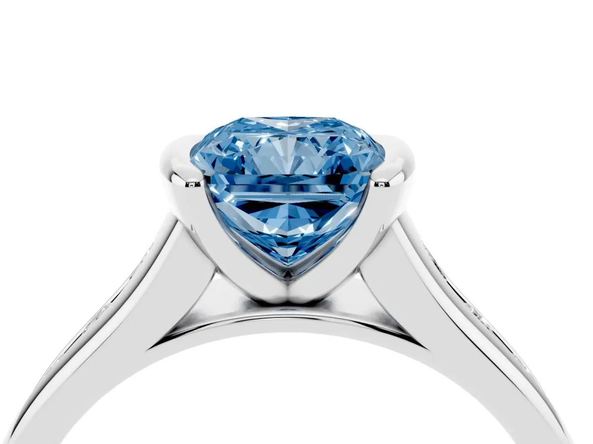 Fancy Blue Radiant Cut Solitaire Bezel-Set Diamond Ring with Channel-Set Band Silver