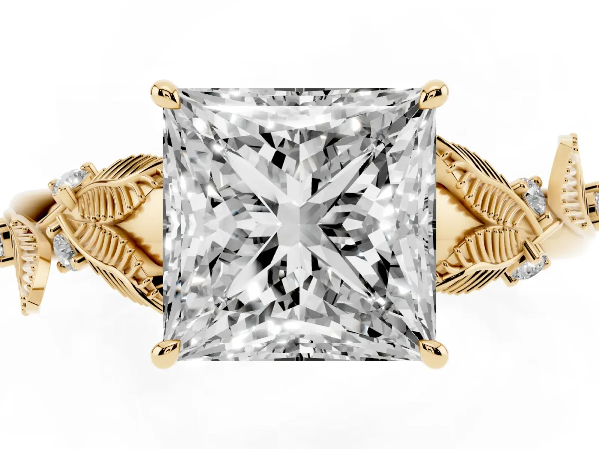 Princess Cut Diamond Solitaire Ring with Leaf Motif Band and Four-Prong Setting Yellow gold