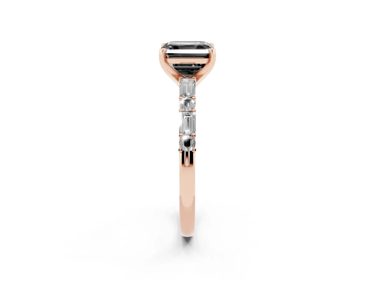 Fancy Black Asscher Cut Diamond Solitaire with Side Baguettes and Channel Set Band Rose gold