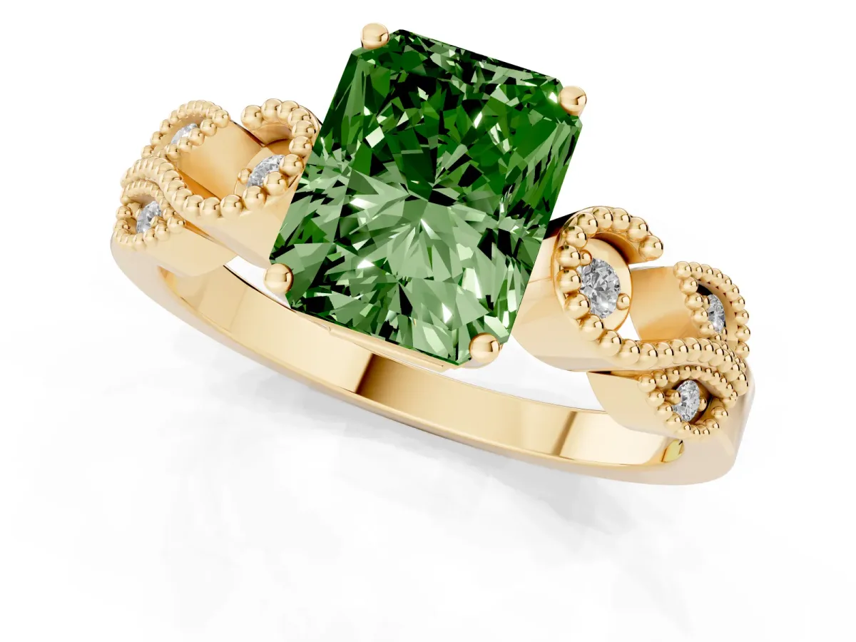 Fancy Green Princess Cut Solitaire Milgrain Leaf Band with Prong Setting Yellow gold