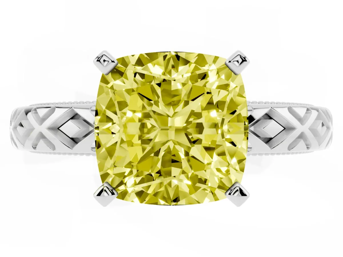 Fancy Yellow Cushion Cut Solitaire Diamond Ring with Milgrain and Black Enamel X Pattern Band Silver