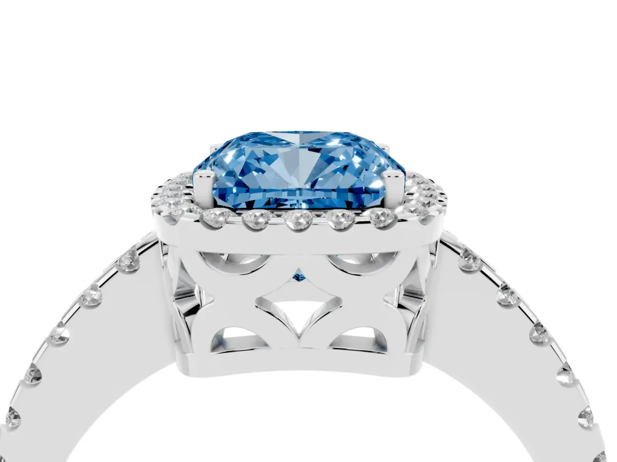 Fancy Blue Cushion Cut Diamond Halo Engagement Ring with Pavé Band and Prong Setting Platinum
