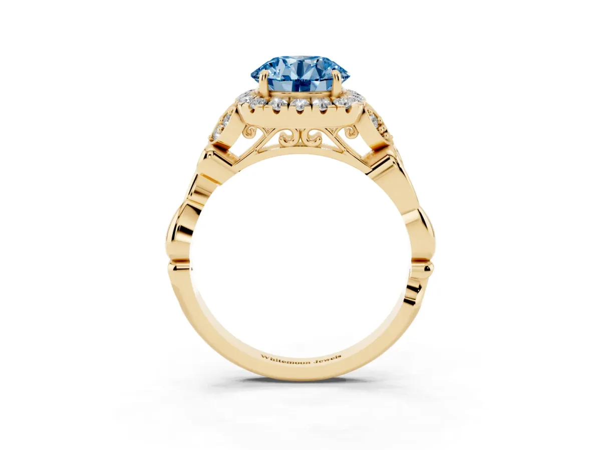 Fancy Blue Round Cut Halo Diamond Engagement Ring with Vintage-Inspired Band and Four-Prong Setting Yellow gold