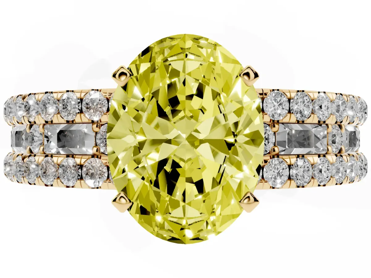 Fancy Yellow Oval Cut Diamond Solitaire Ring with Pavé and Channel Set Band Yellow gold