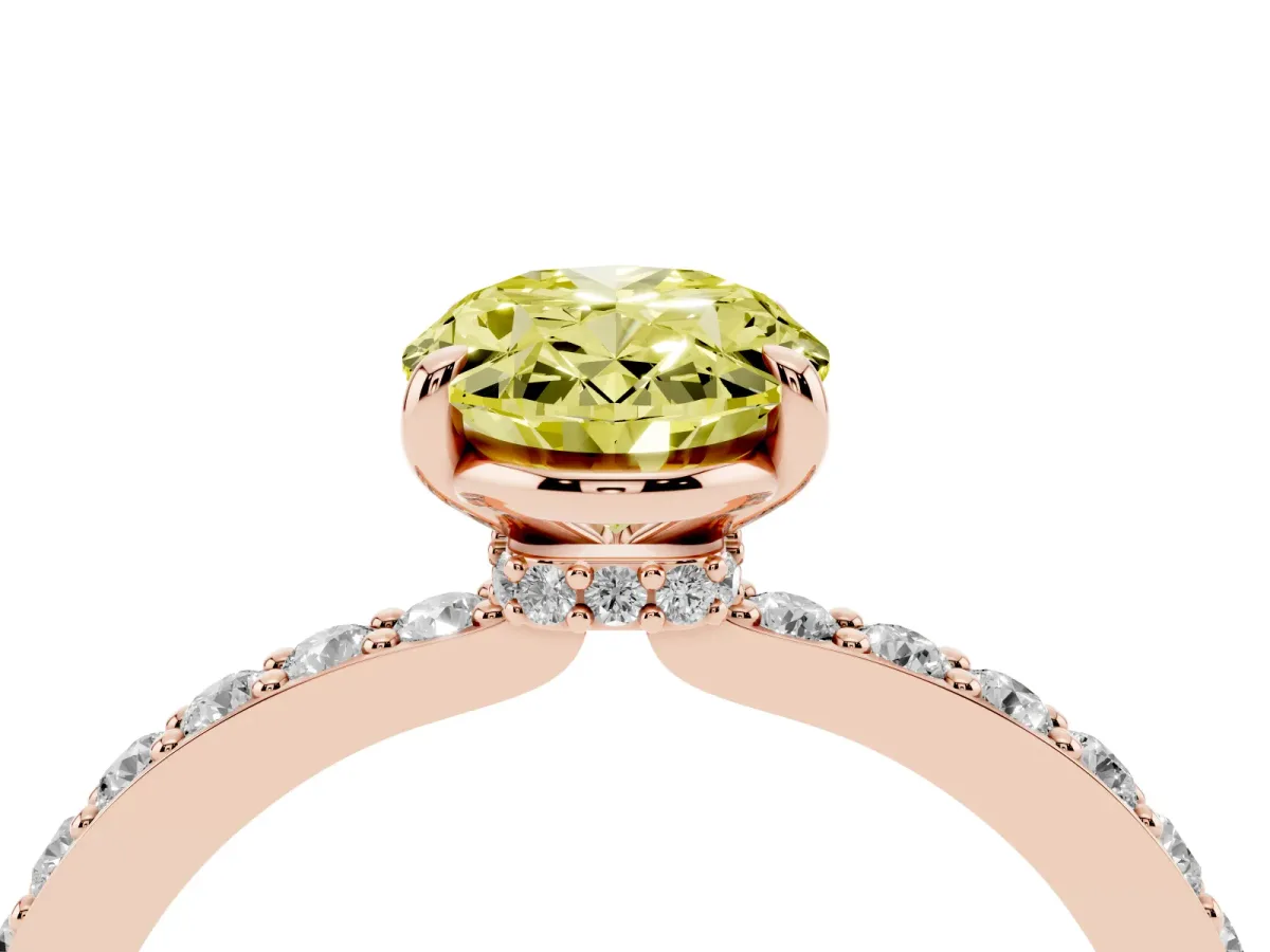 Fancy Yellow Oval Cut Diamond Pavé Engagement Ring with Round Accents and Prong Setting Rose gold