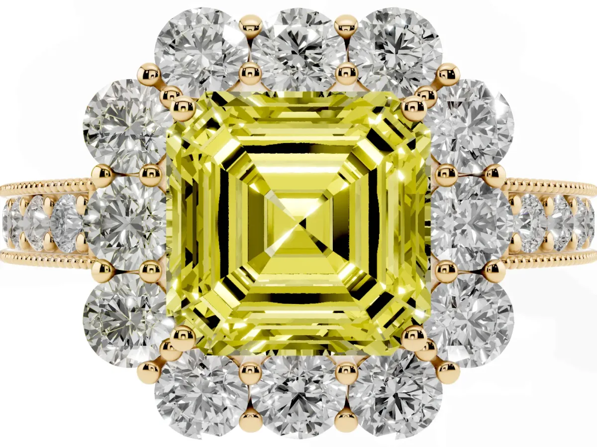 Fancy Yellow Asscher Cut Cut Halo Diamond Pavé Engagement Ring with Milgrain Detailing Yellow gold