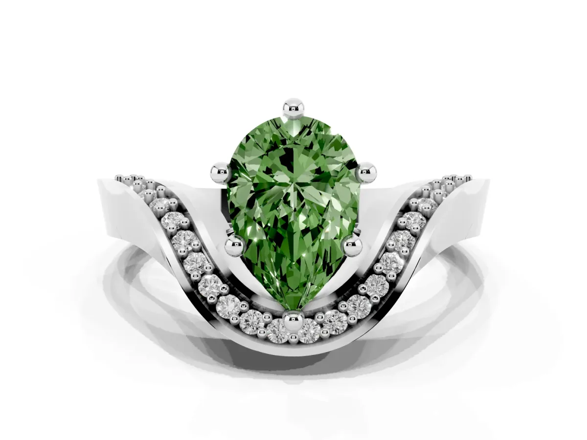 Fancy Green Pear Cut Solitaire Diamond Engagement Ring with Pave Band and Four-Prong Setting White gold