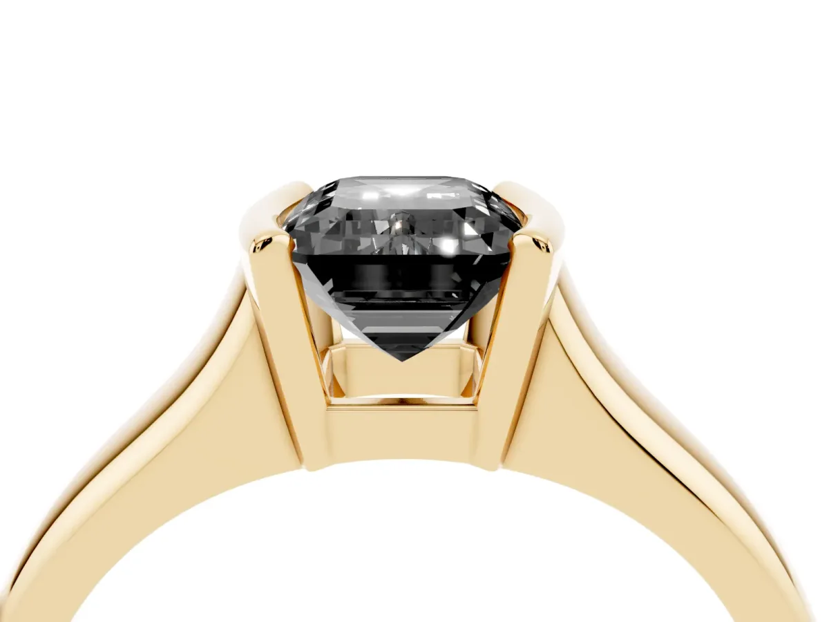 Fancy Black Emerald Cut Solitaire Tension Set Diamond Ring with Split Shank Band Yellow gold